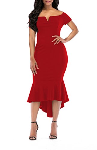 KISSMODA Formal Evening Party Midi Bodycon Dresses for Ladies Short Sleeve V Neck Design Fishtail Dress