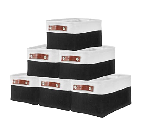 DECOMOMO Foldable Small Storage Bin | Rugged Canvas Fabric Basket Container W/ Leather Handles | Great for Organizing Closets, Offices, Nurseries and Homes (Grey and White, Small - 6 Pack)