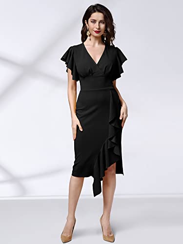 Knitee Women's Deep-V Neck Ruffle Sleeves Cocktail Party Pencil Slit Formal Dress (A-Black, Small)