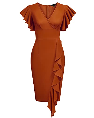 Knitee Women's Deep-V Neck Ruffle Sleeves Cocktail Party Pencil Slit Formal Dress (A-Black, Small)