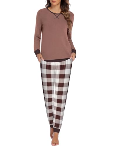 Ekouaer Women's Long Sleeve Pj Soft Crew Neck Pajama Long Sleeve Sweatshirt with Long Pants Red Plaid,Medium
