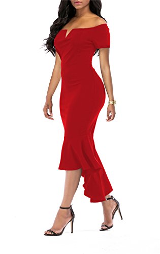 KISSMODA Formal Evening Party Midi Bodycon Dresses for Ladies Short Sleeve V Neck Design Fishtail Dress