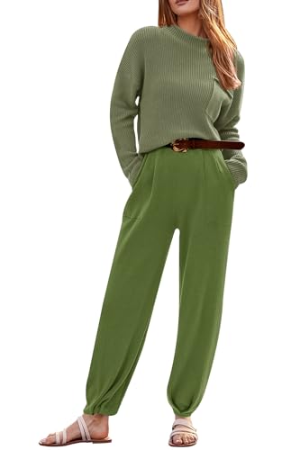 PRETTYGARDEN Women's 2 Piece Tracksuit Outfit Long Sleeve Pullover Top High Waisted Sweatpants with Pockets (Dark Green,Small)