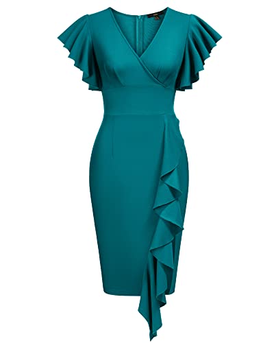 Knitee Women's Deep-V Neck Ruffle Sleeves Cocktail Party Pencil Slit Formal Dress (A-Black, Small)