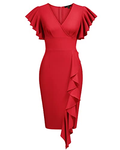 Knitee Women's Deep-V Neck Ruffle Sleeves Cocktail Party Pencil Slit Formal Dress (A-Black, Small)