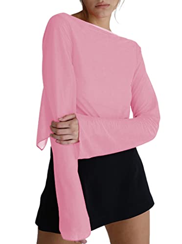 Remidoo Women's Sexy Sheer Mesh Tie Front Crop Top Long Sleeve See Through Cardigan Cover Up Shirt Hot Pink Large