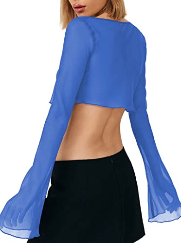 Remidoo Women's Sexy Sheer Mesh Tie Front Crop Top Long Sleeve See Through Cardigan Cover Up Shirt Hot Pink Large