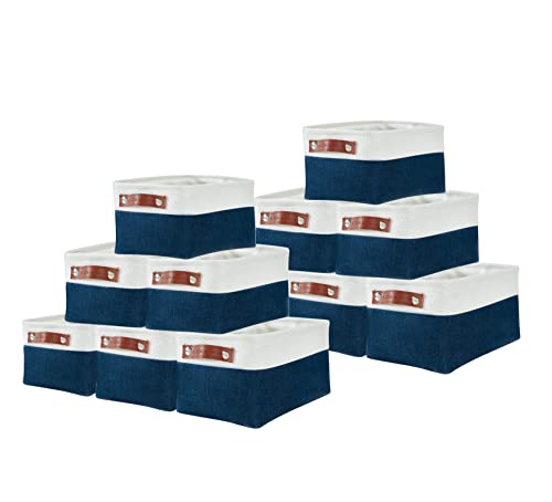 DECOMOMO Foldable Small Storage Bin | Rugged Canvas Fabric Basket Container W/ Leather Handles | Great for Organizing Closets, Offices, Nurseries and Homes (Grey and White, Small - 6 Pack)