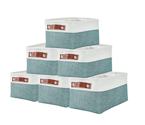 DECOMOMO Foldable Small Storage Bin | Rugged Canvas Fabric Basket Container W/ Leather Handles | Great for Organizing Closets, Offices, Nurseries and Homes (Grey and White, Small - 6 Pack)