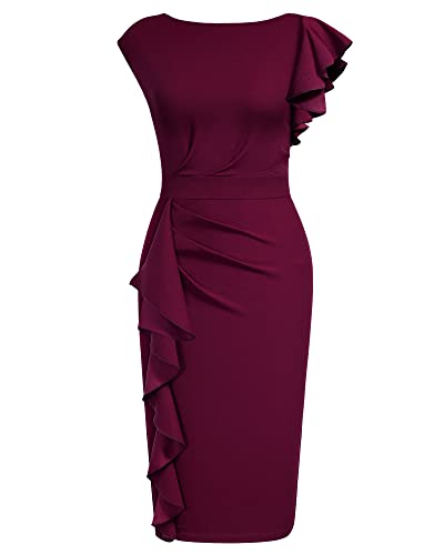 AISIZE Women's Pinup Vintage Ruffle Sleeves Cocktail Party Pencil Dress Small Pink
