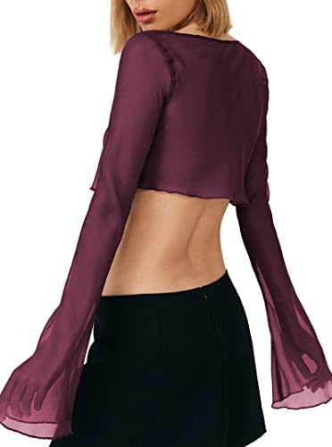 Remidoo Women's Sexy Sheer Mesh Tie Front Crop Top Long Sleeve See Through Cardigan Cover Up Shirt Hot Pink Large