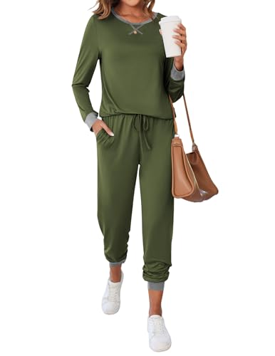 Ekouaer Women's Long Sleeve Pj Soft Crew Neck Pajama Long Sleeve Sweatshirt with Long Pants Red Plaid,Medium