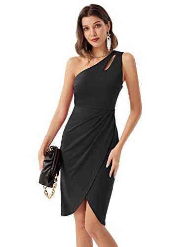 GRACE KARIN Women Sexy Sequin Cutout Bodycon One Shoulder Ruched Cocktail Dress Black S