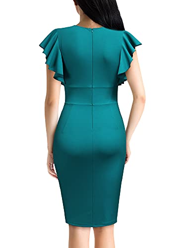 Knitee Women's Deep-V Neck Ruffle Sleeves Cocktail Party Pencil Slit Formal Dress (A-Black, Small)