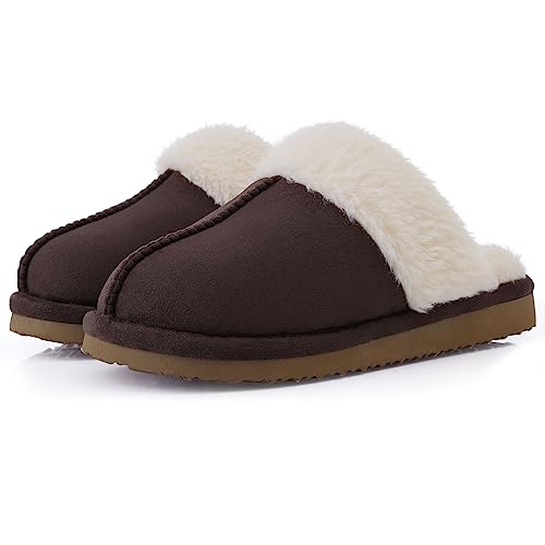 Litfun Women's Fuzzy Memory Foam Slippers Fluffy Winter House Shoes Indoor and Outdoor, Brown 7-7.5
