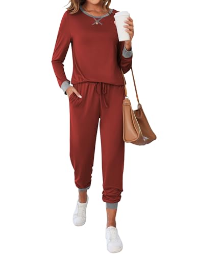 Ekouaer Women's Long Sleeve Pj Soft Crew Neck Pajama Long Sleeve Sweatshirt with Long Pants Red Plaid,Medium