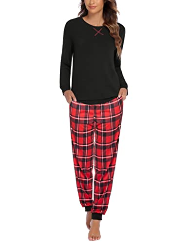 Ekouaer Women's Long Sleeve Pj Soft Crew Neck Pajama Long Sleeve Sweatshirt with Long Pants Red Plaid,Medium