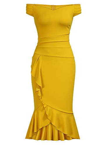 Knitee Women's Off Shoulder V-Neck Ruffle Pleat Waist Bodycon Evening Cocktail Slit Formal Dress (Dark Green, Small)