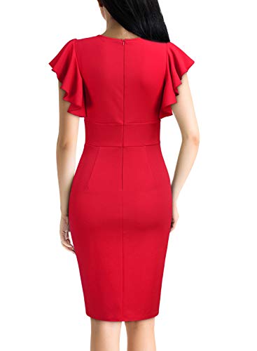 Knitee Women's Deep-V Neck Ruffle Sleeves Cocktail Party Pencil Slit Formal Dress (A-Black, Small)