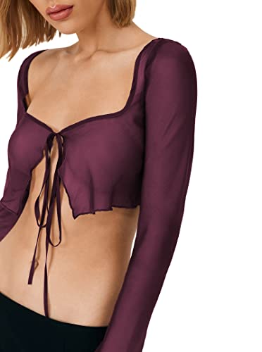 Remidoo Women's Sexy Sheer Mesh Tie Front Crop Top Long Sleeve See Through Cardigan Cover Up Shirt Hot Pink Large
