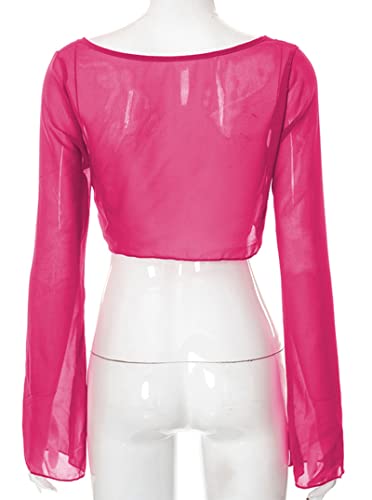 Remidoo Women's Sexy Sheer Mesh Tie Front Crop Top Long Sleeve See Through Cardigan Cover Up Shirt Hot Pink Large