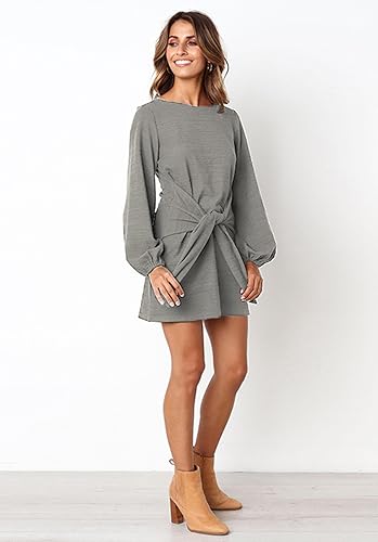 PRETTYGARDEN Women’s Elegant Long Lantern Sleeve Short Dress Crewneck Tie Waist Knit Cocktail Dress Dark Green