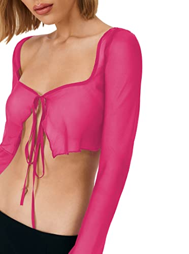 Remidoo Women's Sexy Sheer Mesh Tie Front Crop Top Long Sleeve See Through Cardigan Cover Up Shirt Hot Pink Large