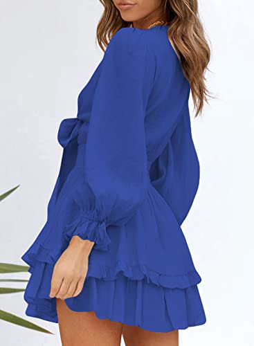 Dokotoo Women Dresses Cute Spring Boho Fall Casual Sexy Deep V Neck Ruffle Chiffon Lantern Long Sleeve Elegant Floral Printed Hawaiian Flowy Mini Short Skirt Dresses for Women Party 2022 X-Large