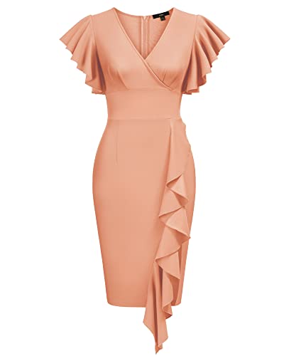 Knitee Women's Deep-V Neck Ruffle Sleeves Cocktail Party Pencil Slit Formal Dress (A-Black, Small)