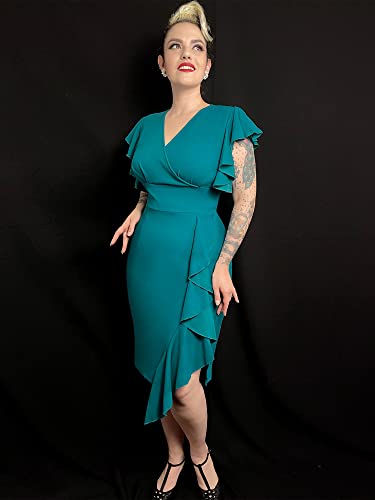 Knitee Women's Deep-V Neck Ruffle Sleeves Cocktail Party Pencil Slit Formal Dress (A-Black, Small)