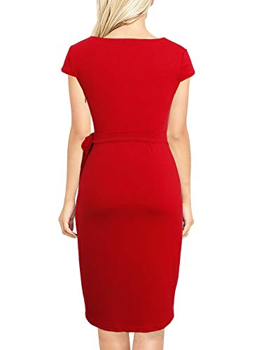 Liyinxi Women's Elegant Short Sleeves Knee Length Sheath Summer Bodycon Birthday Party Green Faux Wrap Dress (S, L8022-Green)