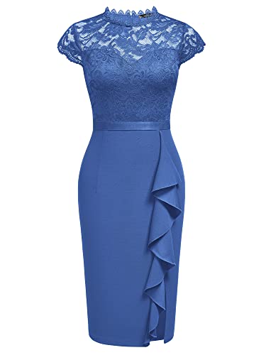 Miusol Women's Retro Floral Lace Ruffle Style Cocktail Mini Dress Navy Blue