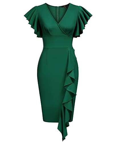 Knitee Women's Deep-V Neck Ruffle Sleeves Cocktail Party Pencil Slit Formal Dress (A-Black, Small)