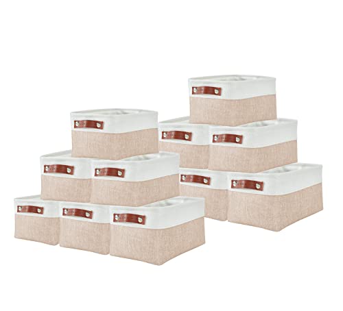 DECOMOMO Foldable Small Storage Bin | Rugged Canvas Fabric Basket Container W/ Leather Handles | Great for Organizing Closets, Offices, Nurseries and Homes (Grey and White, Small - 6 Pack)