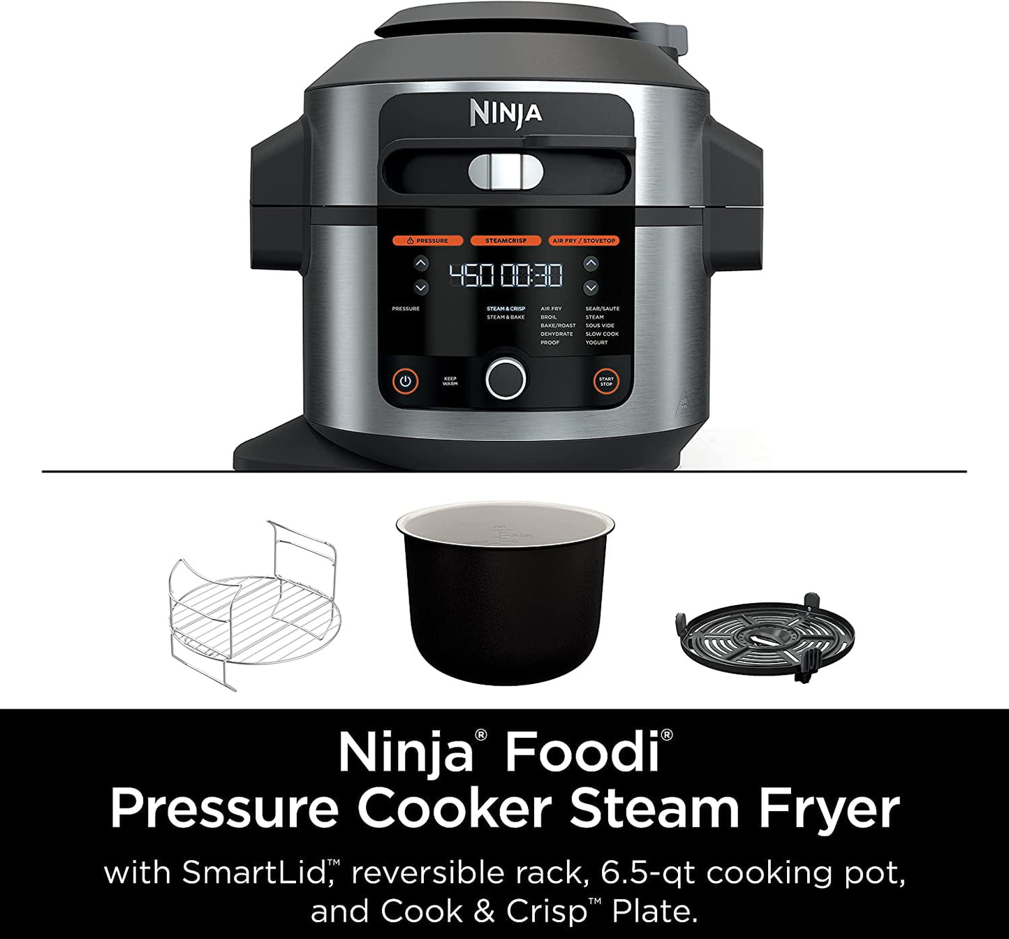 Ninja OL501 Foodi 6.5 Qt. 14-in-1 Pressure Cooker Steam Fryer with SmartLid, that Air Fries, Proofs & More, with 2-Layer Capacity, 4.6 Qt. Crisp Plate & 25 Recipes, Silver/Black