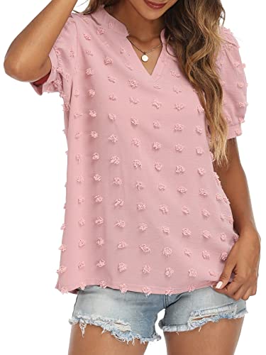 RANPHEE Womens Summer Black V Neck Puff Short Sleeve Tops Casual Business Work Blouses Cute Dressy Swiss Dot Shirts L