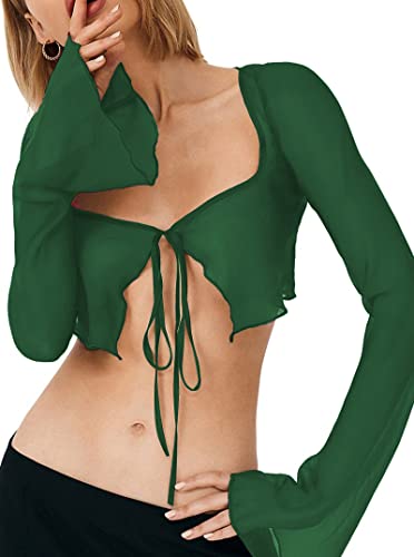 Remidoo Women's Sexy Sheer Mesh Tie Front Crop Top Long Sleeve See Through Cardigan Cover Up Shirt Hot Pink Large