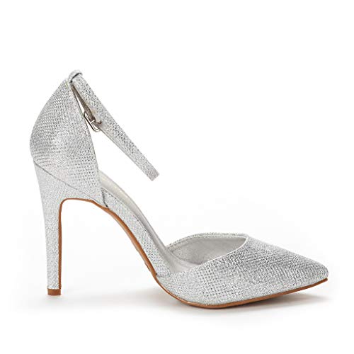 DREAM PAIRS Women's Silver Glitter High Heel Pointed Toe Stiletto Ankle Strap Dress Pumps Shoes Size 5 M US Hollyn-1