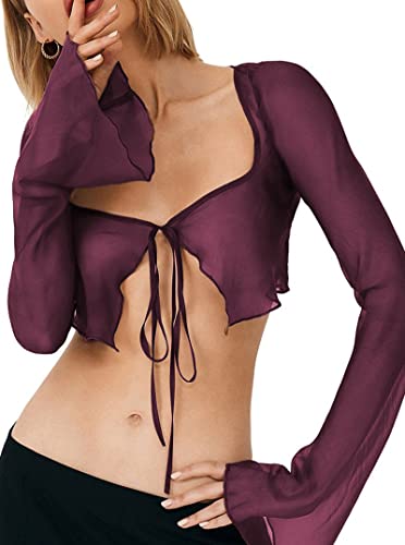 Remidoo Women's Sexy Sheer Mesh Tie Front Crop Top Long Sleeve See Through Cardigan Cover Up Shirt Hot Pink Large