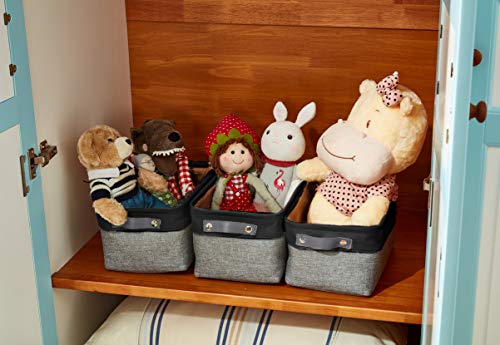 DECOMOMO Foldable Small Storage Bin | Rugged Canvas Fabric Basket Container W/ Leather Handles | Great for Organizing Closets, Offices, Nurseries and Homes (Grey and White, Small - 6 Pack)