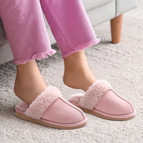 Litfun Women's Fuzzy Memory Foam Slippers Fluffy Winter House Shoes Indoor and Outdoor, Brown 7-7.5