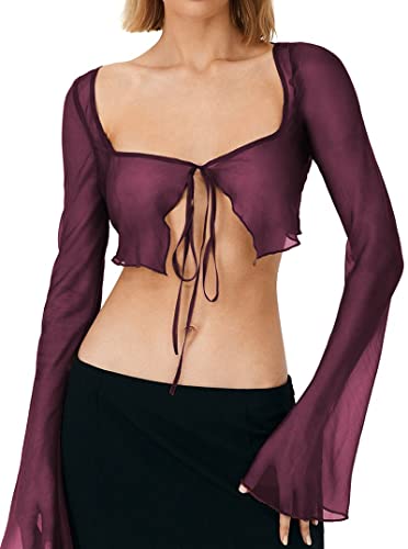 Remidoo Women's Sexy Sheer Mesh Tie Front Crop Top Long Sleeve See Through Cardigan Cover Up Shirt Hot Pink Large