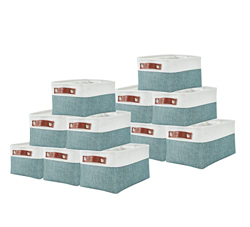 DECOMOMO Foldable Small Storage Bin | Rugged Canvas Fabric Basket Container W/ Leather Handles | Great for Organizing Closets, Offices, Nurseries and Homes (Grey and White, Small - 6 Pack)