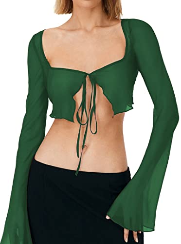 Remidoo Women's Sexy Sheer Mesh Tie Front Crop Top Long Sleeve See Through Cardigan Cover Up Shirt Hot Pink Large