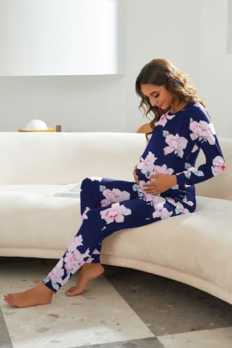 Ekouaer Maternity Clothes Winter Nursing PJS Thermal Underwear Set for Women Stirped Winter Warm Maternity & Nursing Pjs (Light Gray M)