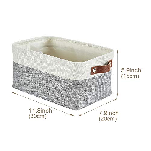 DECOMOMO Foldable Small Storage Bin | Rugged Canvas Fabric Basket Container W/ Leather Handles | Great for Organizing Closets, Offices, Nurseries and Homes (Grey and White, Small - 6 Pack)