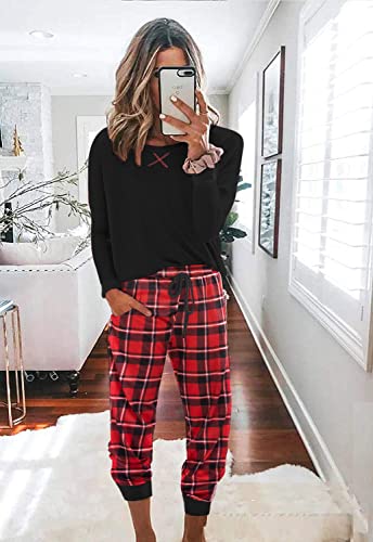 Ekouaer Women's Long Sleeve Pj Soft Crew Neck Pajama Long Sleeve Sweatshirt with Long Pants Red Plaid,Medium