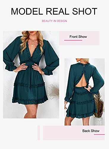 Dokotoo Women Dresses Cute Spring Boho Fall Casual Sexy Deep V Neck Ruffle Chiffon Lantern Long Sleeve Elegant Floral Printed Hawaiian Flowy Mini Short Skirt Dresses for Women Party 2022 X-Large