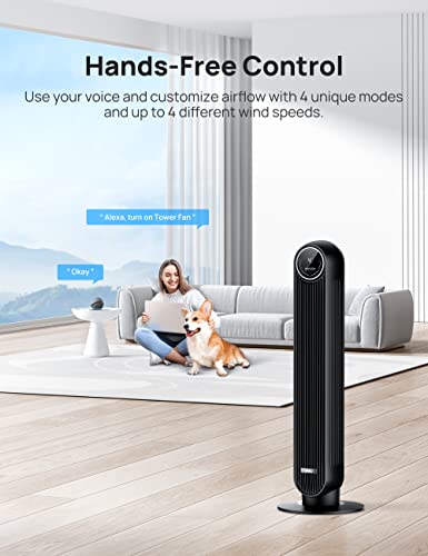Dreo Tower Fan for Bedroom, Smart Oscillating Quiet Floor Fans, Standing Bladeless Fan with Remote and WiFi Voice Control, 4 Modes, 4 Speeds, 8H Timer, Works with Alexa/Google