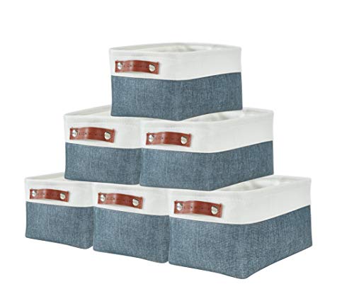 DECOMOMO Foldable Small Storage Bin | Rugged Canvas Fabric Basket Container W/ Leather Handles | Great for Organizing Closets, Offices, Nurseries and Homes (Grey and White, Small - 6 Pack)